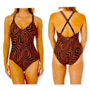 Hurley Brown Black Stripe One Piece Swimsuit UPF 50+ geometrical print Size XL